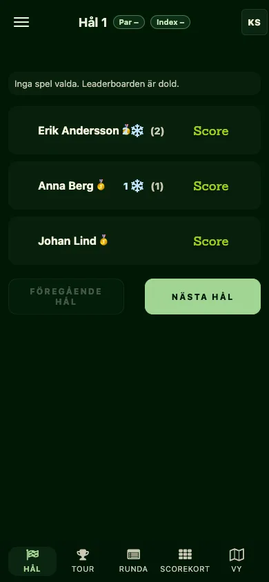 Skärmbild av Goffy-appens hålvy, med en Score-knapp per spelare